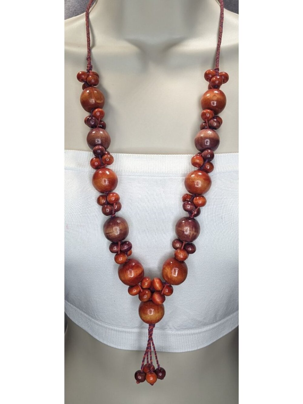 Boho Earthy Retro Vintage Dyed Polished Wood Beaded Lariat Necklace
